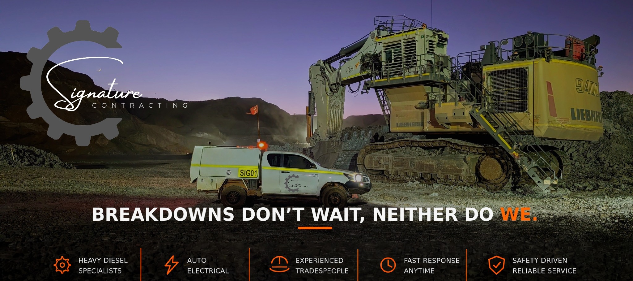 Signature Contracting service ute beside mining excavator